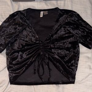 Divided Black Velvet Ruched Blouse